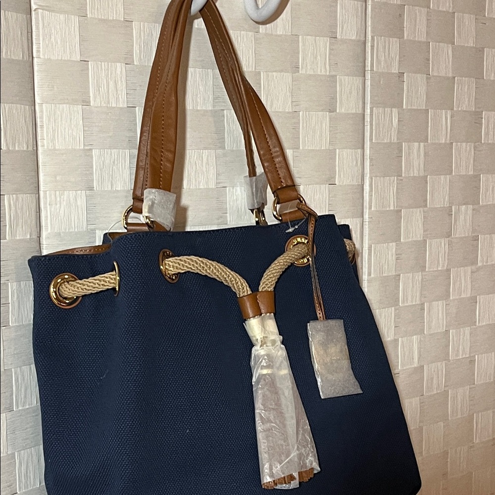 New Michael Kors Navy and Brown Tote Marina Shoulder Handbag Tote